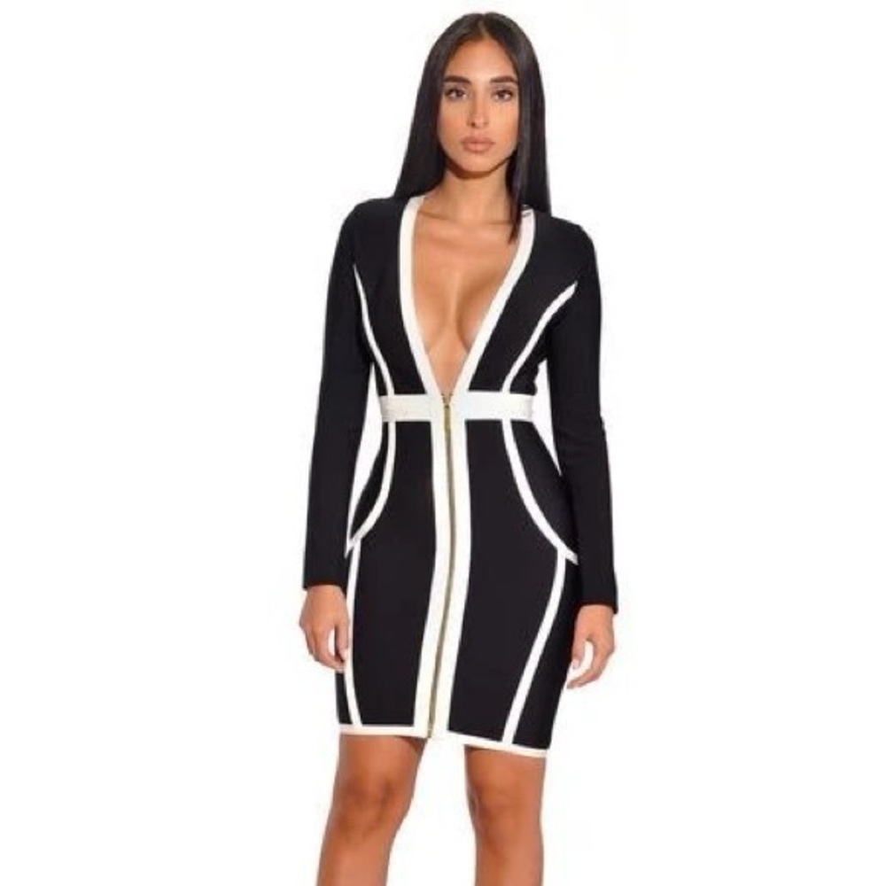 Miss Circle Deep Plunging V Neck Bandage Bodycon Dress in Black/White Size Small